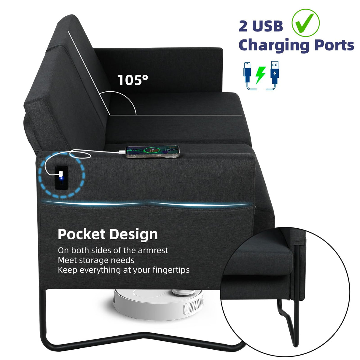 STHOUYN 51” Small Loveseat Sofa for Small Spaces, Comfy Black Couch with 2 USB Ports, Modern 2 Person Loveseats for Living Room Bedroom, Mini Teen Office Couch (Black) STHOUYN