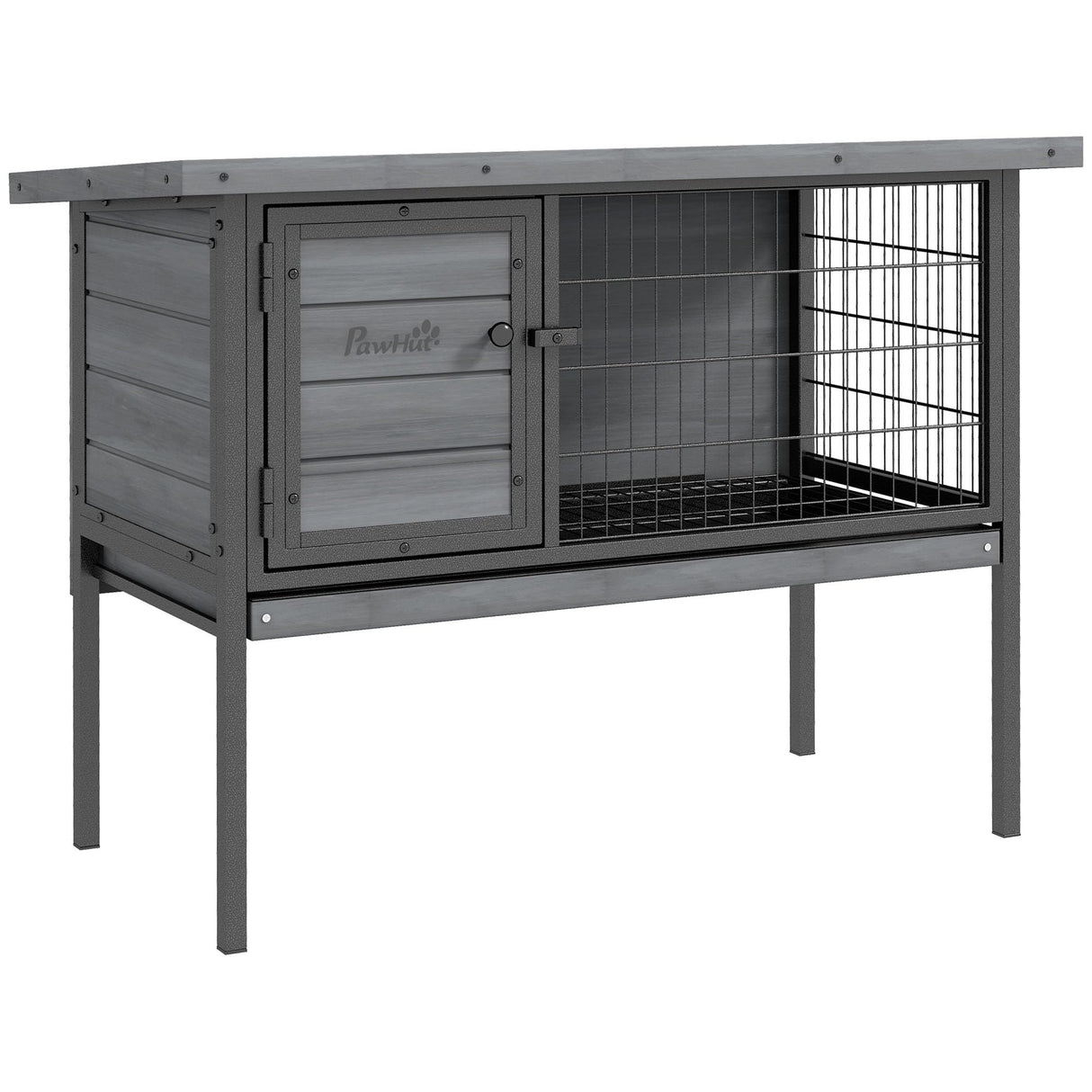 PawHut Rabbit Hutch Elevated Bunny Cage Small Animal Habitat with Metal Frame, No Leak Tray, Metal Wire Pan and Openable Water-Resistant Asphalt Roof for Indoor/Outdoor Gray PawHut