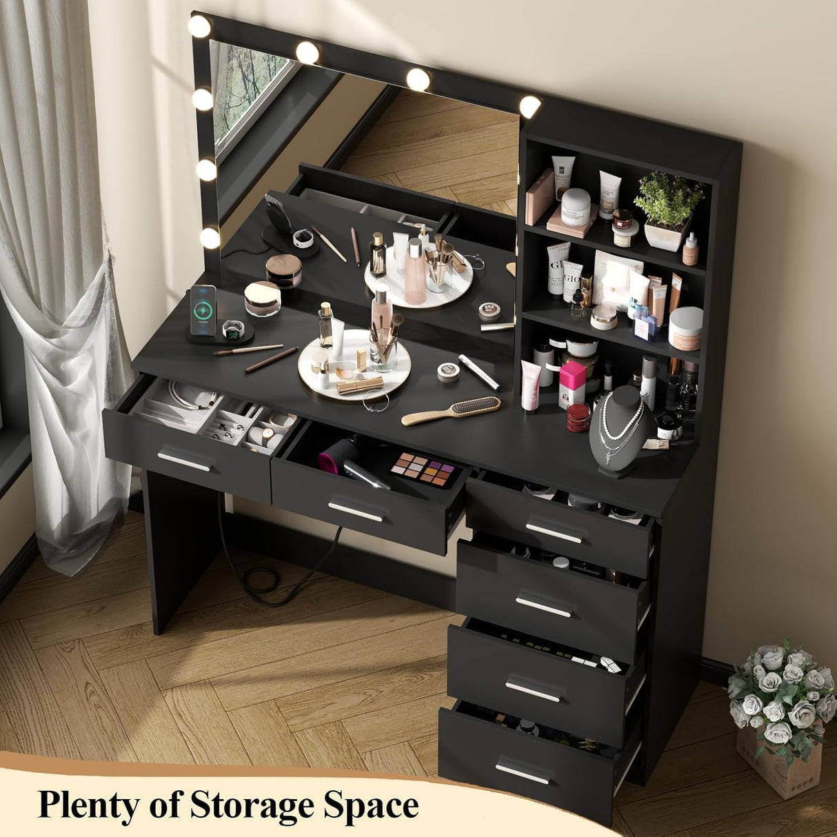 Loomie Vanity Desk with Lighted Mirror & Power Outlet, Makeup Vanity Table with 6 Drawers, 3-Tier Shelf, Vanity Dresser with 10 Lights in 3 Lighting Colors for Bathroom, Bedroom,Makeup Room, Black Loomie