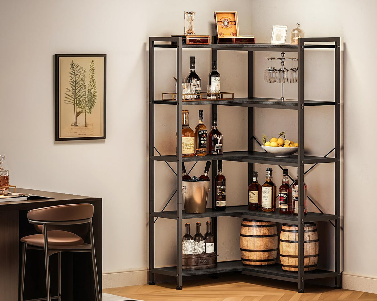 Casaottima Corner Bookshelf 5 Tier, 57 Inches Reversible Book Shelf for Living Room, Industrial Wooden Bookcase with Open Shelves and Metal Frame for Bedroom, Home Office, Kitchen, Black Casaottima