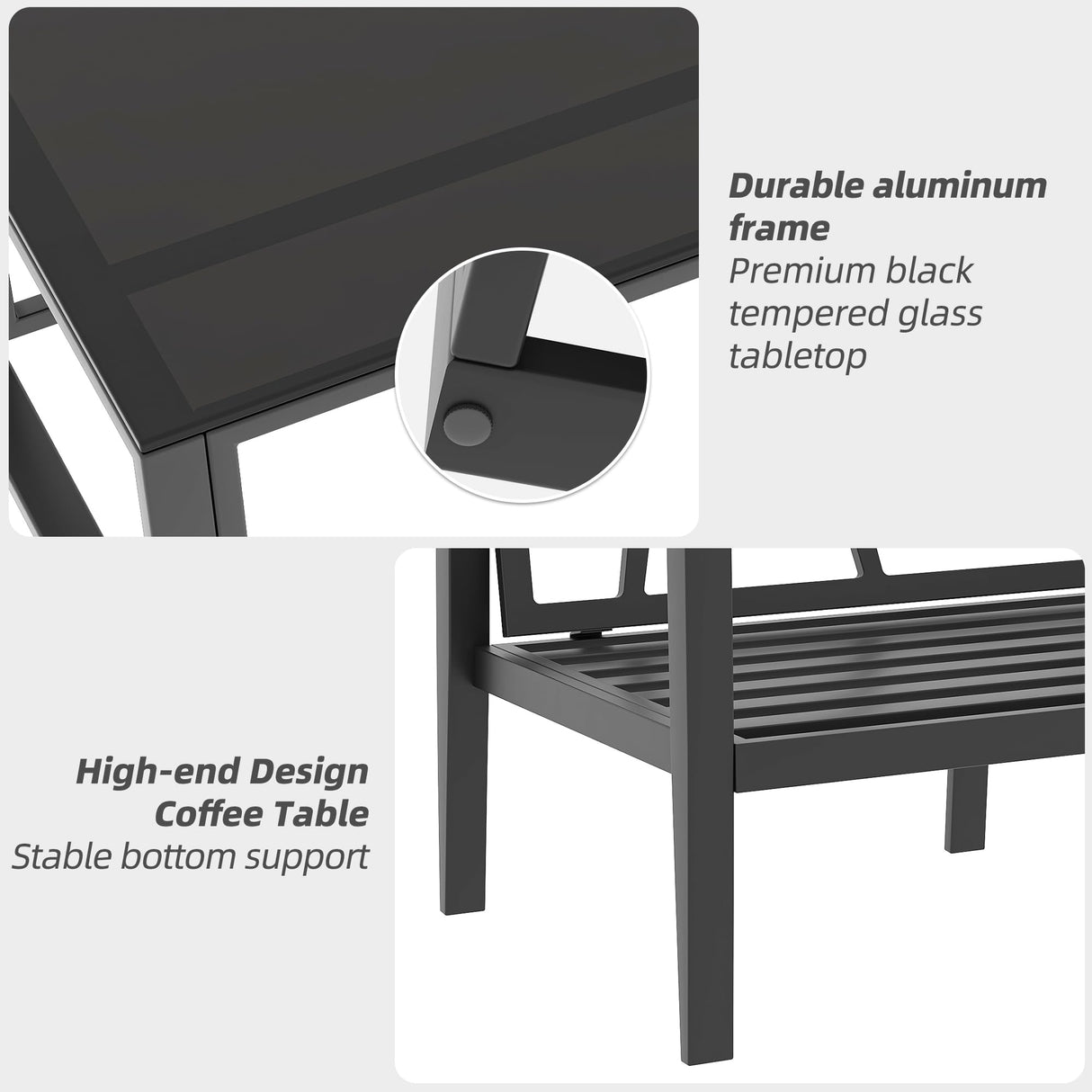 Outdoor Aluminum Furniture Set,4 Piece Patio Conversation Sets,Removable & Washable Cushion,Ink Color Tempered Glass Table Light Grey GAOMON