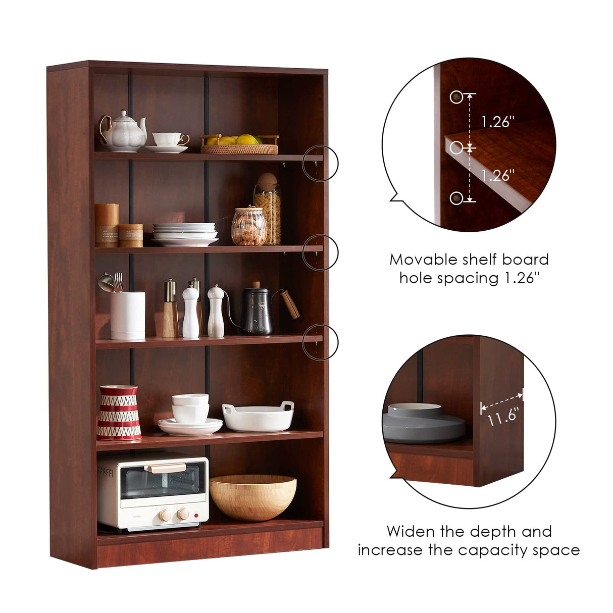 Farini Cherry Bookshelf 5 Shelf Office Bookcase 60 Inches Tall Modern Wood Bookshelf for Living Room Office Farini