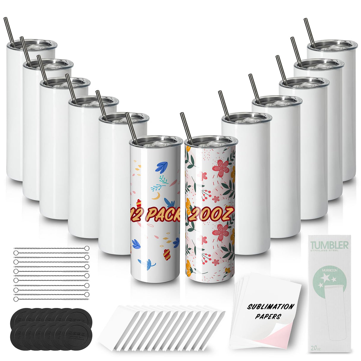 MURRICON Sublimation Tumblers 20 oz Skinny Straight,Stainless Steel Sublimation Blanks Skinny Tumbler,Double Wall Vacuum Insulated Sublimation Tumblers,with lid and straw,12 Pack MURRICON