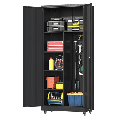 Firstsky Metal Garage Storage Cabinet with 2 Doors, Adjustable Rolling Tool Storage Cabinet with Lock, 71" Steel Locking Tool Cabinet with Wheels and Shelves for Garage, Warehouse(Black, 71" H)