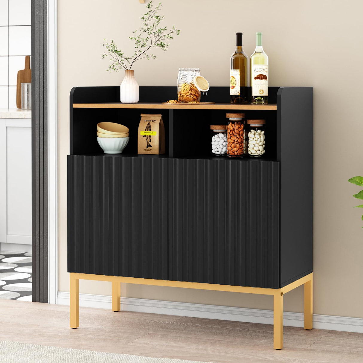 ARTPOWER Storage Cabinet with Fluted Doors and Shelves, Modern Rustic Industrial Sideboard Buffet Cabinet with Metal Legs, Accent Credenza Console for Kitchen Dining Room, Living Room, Entryway, Black ARTPOWER