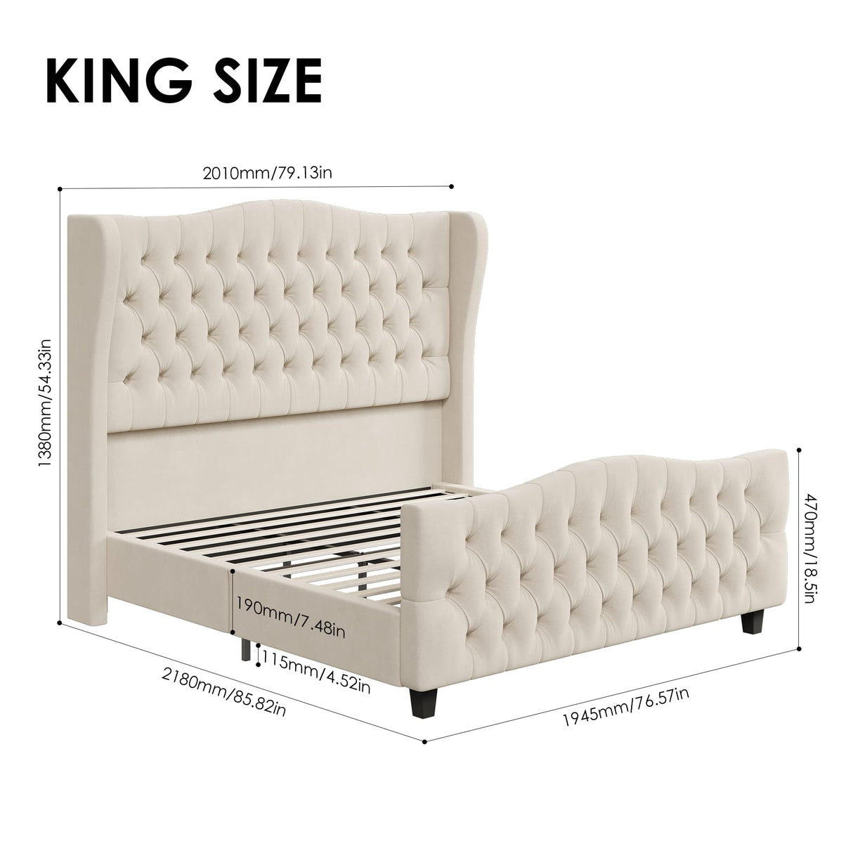 Keyluv King Size 54.3” Tall Platform Bed Frame with Deep Button Tufted Wingback Headboard and Footboard, Velvet Upholstered Bed Frame with Handmade Pleats, No Box Spring Needed, Beige/Cream Keyluv