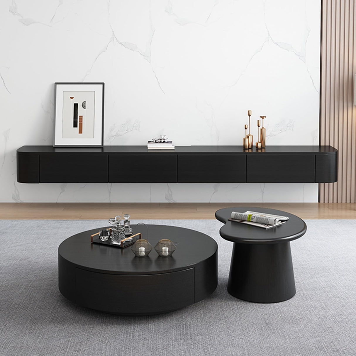 HZAPFUE Floating TV Stand - Wall Mounted Media Console with 2 Drawer, Floating Entertainment Center TV Cabinet, Wall Mounted Audio/Video Shelf for Home Room (Black, 86.61x7.87x9.45IN) HZAPFUE