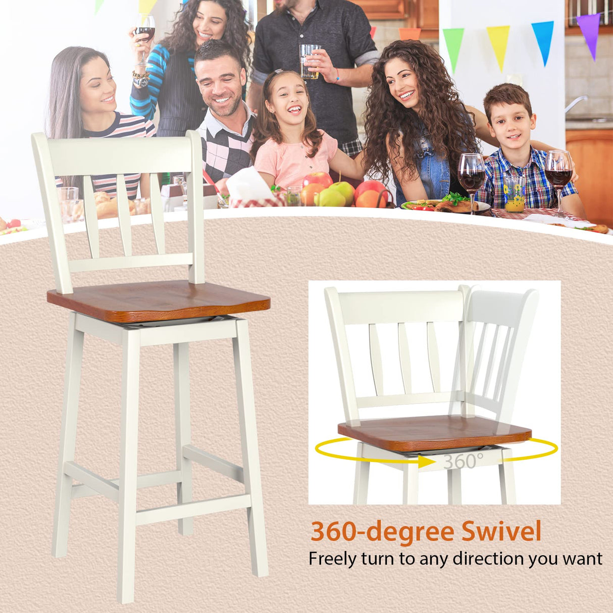 COSTWAY Set of 2 24.5-Inch Swivel Bar Stools in White Rubber Wood with Footrest and Ergonomic Design COSTWAY