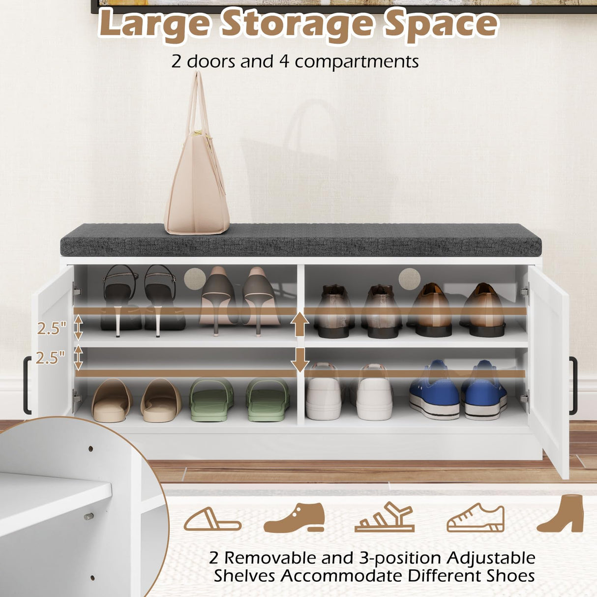 Giantex Shoe Storage Bench with Cushion, 2-Tier Entryway Bench w/2 Barn Doors & 2 Adjustable Shelves, Farmhouse Shoe Storage Cabinet for Entryway, Living Room, Hallway, Bedroom, White Giantex
