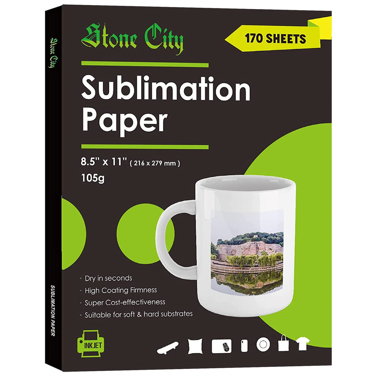 Stone City Sublimation Paper 170 Sheets 105g for Heat Transfer Light Fabric, T Shirt, Mug, Tumbler, Compatible with Inkjet Printer with Sublimation Ink STONE CITY