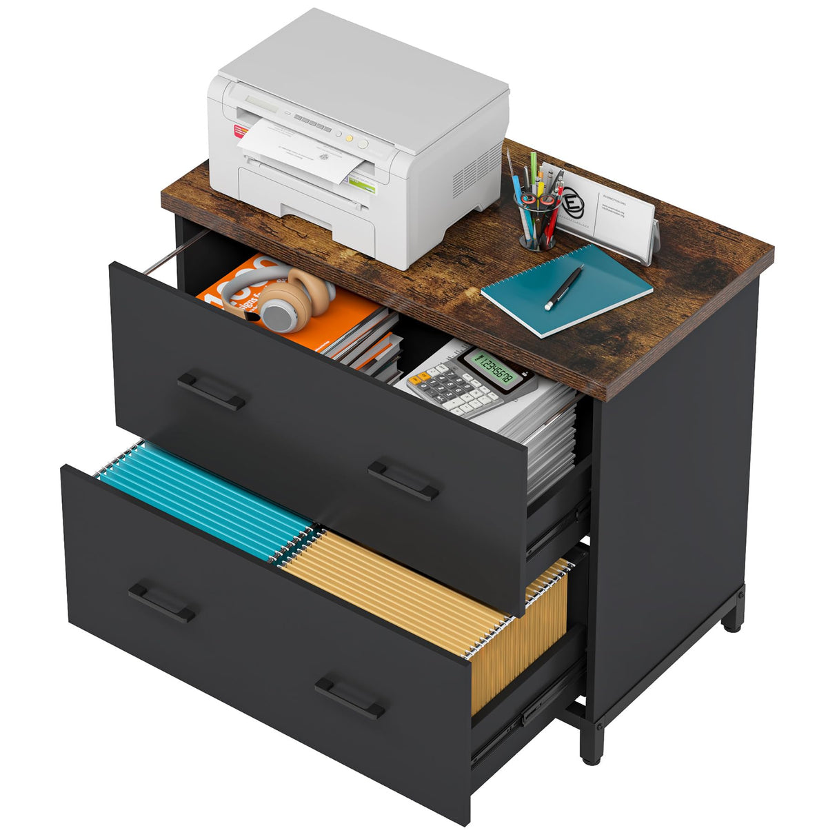 Tribesigns 2-Drawer File Cabinet, Wood Lateral Filing Cabinet, Home Office File Cabinet for A4, Letter Size, Brown and Black Tribesigns