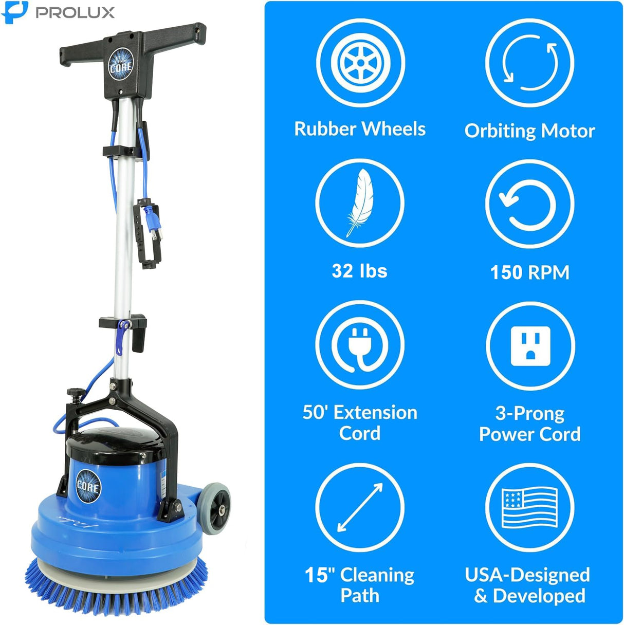 Prolux Core Heavy Duty 15 inch Floor Buffer Scrubber and Polisher Cleaning Machine - All floor surfaces Prolux