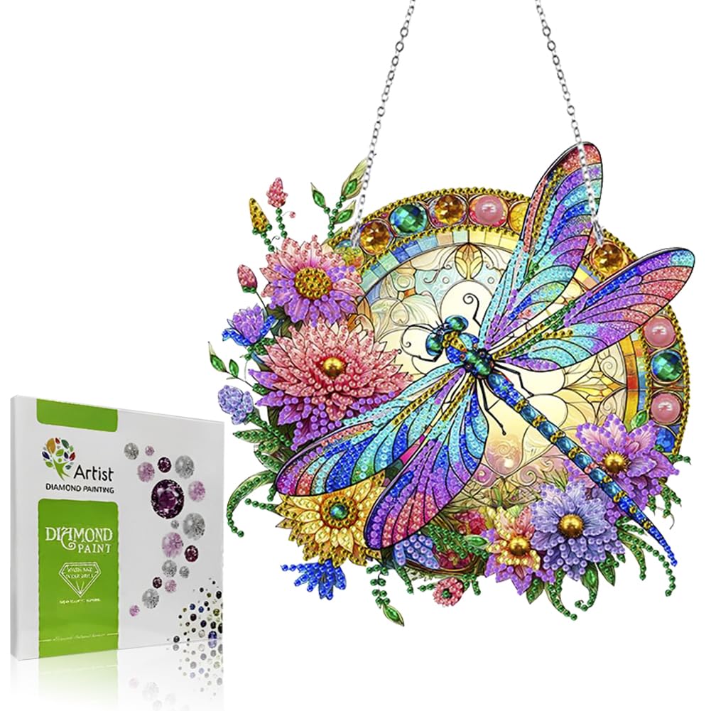 Koikify Diamond Painting Kits Hanging Pendant, Flower & Dragonfly Crystal Diamond Art Hanging Sign, Double-Sided Pattern Craft Ornament for Home Decoration and Gift Koikify