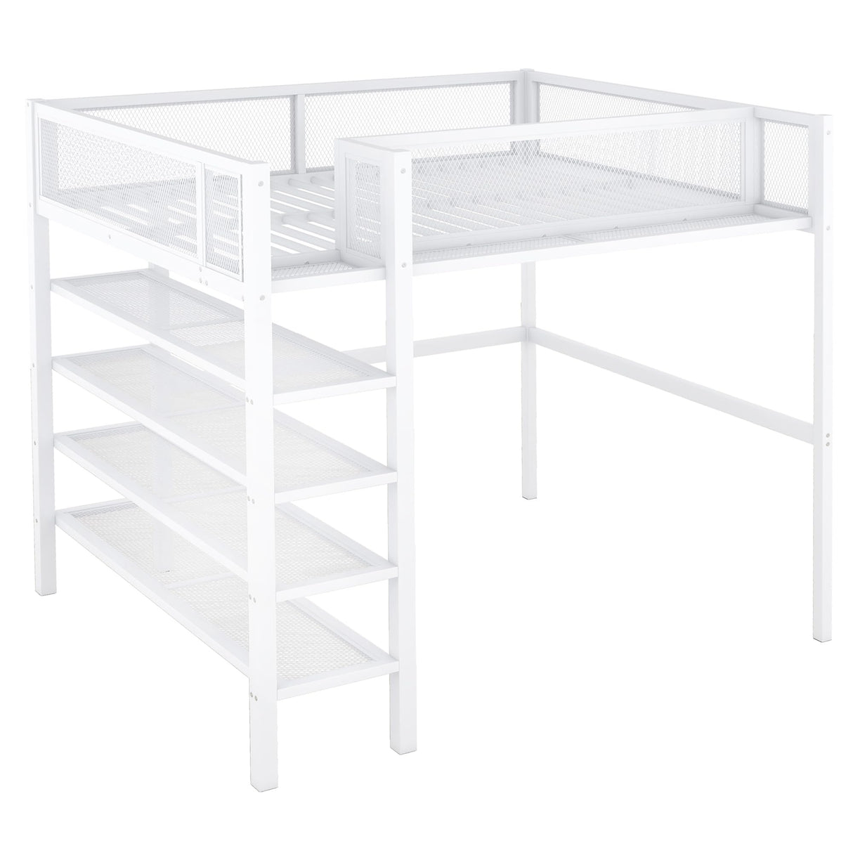 Bellemave Full Size Loft Bed with 4-Tier Shelves and Storage, Metal Loft Bed with Bookshelf, Full Size Loft Bed with Storage Stairs(White) Bellemave