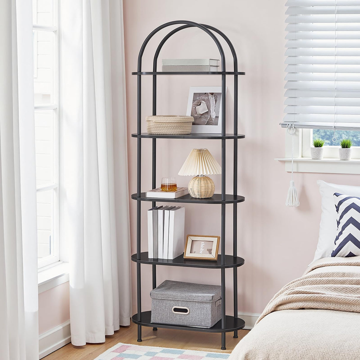 HOOBRO 5 Tier Open Bookshelf, Industrial Arched Bookcase Display Shelf Racks, Wooden Bookcase Storage Shelves Metal Frame, Tall Storage Organizer for Home, Easy Assembly, Black BB176SJ01 HOOBRO