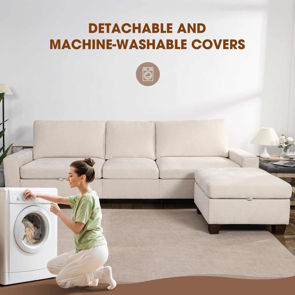 Couchus 112“ Convertible Storage Sectional Sofa,L Shaped Couch with Storage Ottoman,Multi-Functional Reversible Sofa with Huge Storage Space, Breathable Fabric (Beige) Couchus