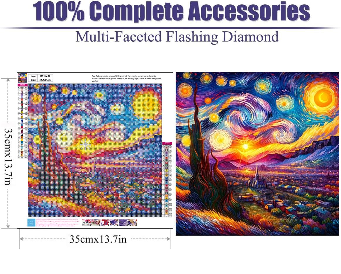 Lophomie Diamond Art Kits for Adults, 5D DIY Van Gogh Starry Night Diamond Painting Kits for Adults Beginners, Diamond Dots Kits Gem Arts Crafts for Home Wall Decor 14x14 Inch Lophomie