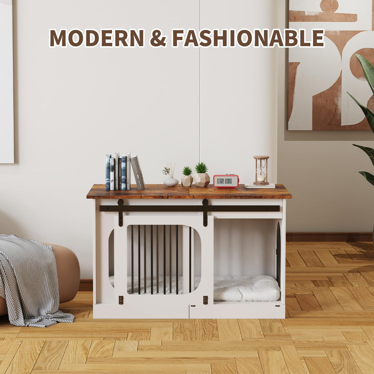 XXL Dog Crate Furniture,47.2 Inches White Kennel Furniture with Cushion Decorative Farmhouse Crate Indoor Thick Wooden Pet House End Table Modern Cage Furniture for Medium/Large Dog YDTOP