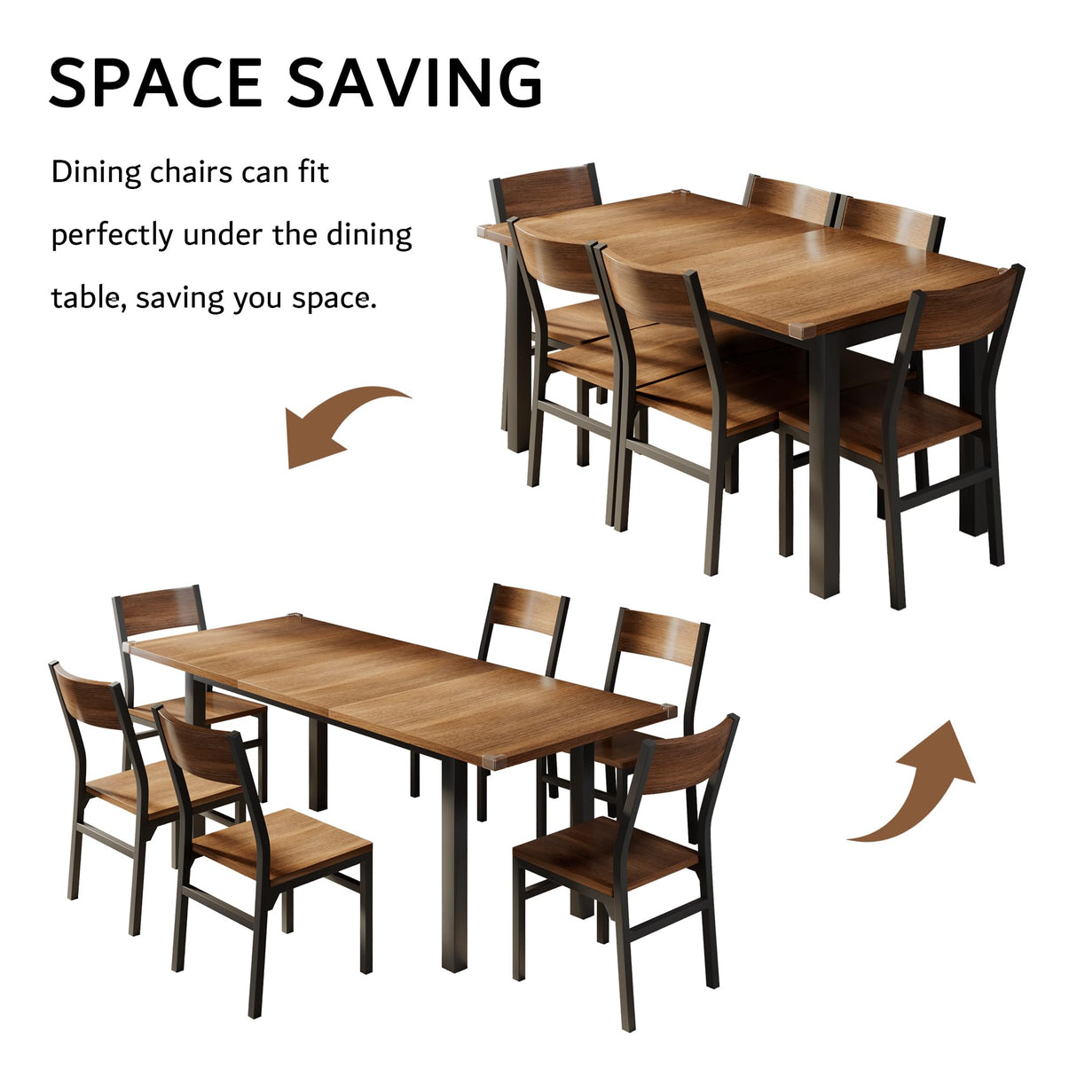 iPormis 7-Piece Dining Table Set with 6 Chairs, 63" Extendable Kitchen Table & Chairs Set for 4-6, Dining RoomTable with Solid Metal Frame & MDF Board, Perfect for Small Space, Easy Assembly, Walnut iPormis