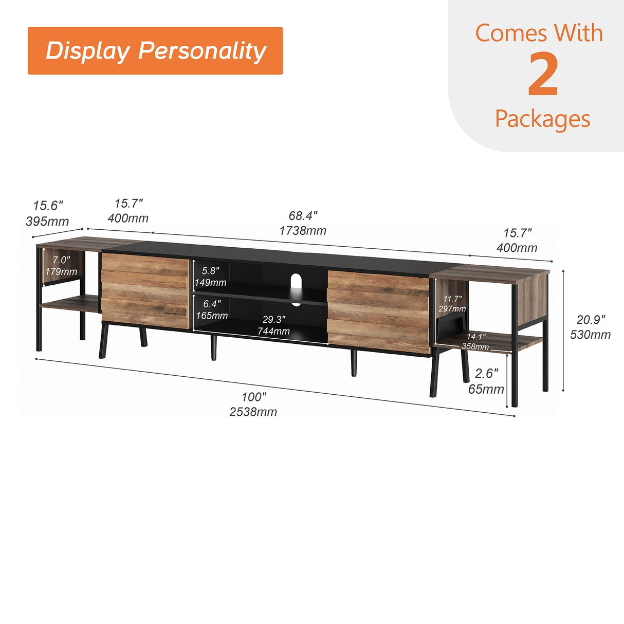 WAMPAT Mid-Century TV Stand for 90 Inch TV, Wood Entertainment Center for 75-105 Inch TV, TV Console Table with Storage Cabinet & Metal Leg, Television Stands for Living Room, Black & Brown, 100 Inch WAMPAT