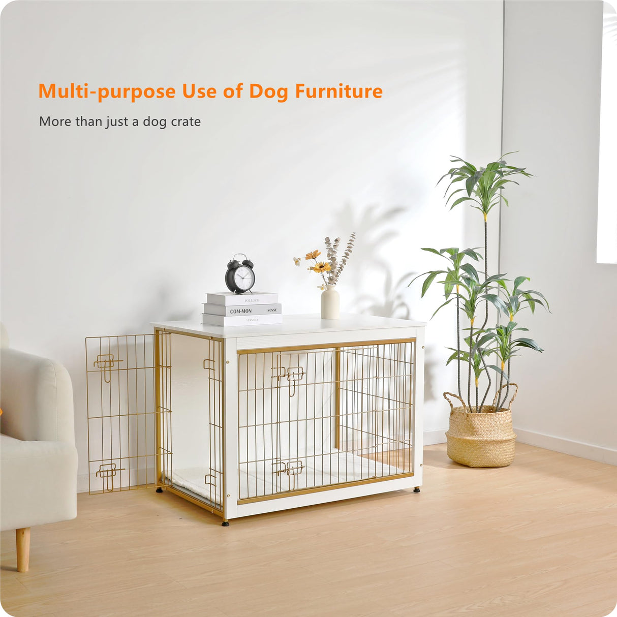 DWANTON Dog Crate Furniture with Cushion, Wooden Kennel Table with Double Doors, Indoor Dog House, Large Size, 38.5" L, White Dwanton