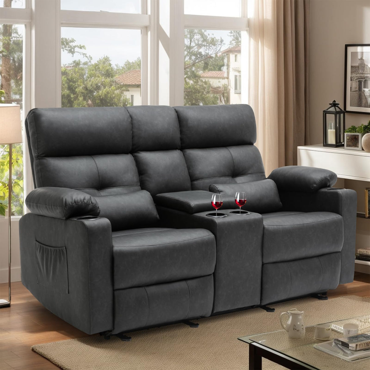 Consofa Power Reclining Loveseat with Console, Power Loveseat Recliner Sofa with Heat and Massage, Extended Footrest, Loveseat Recliner with Cup Holders, Lumbar Support for Living Room, Home Theater Consofa