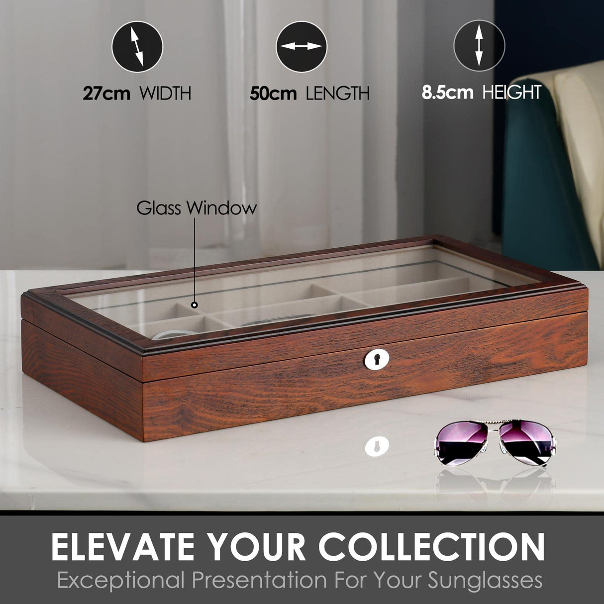 SYENS Wood 12 Slots Sunglasses Organizer Box, Eyeglasses Storage Display Case -Top Glass Window and Key Lockable Holder Sunglasses Case (GB12-RC) SYENS