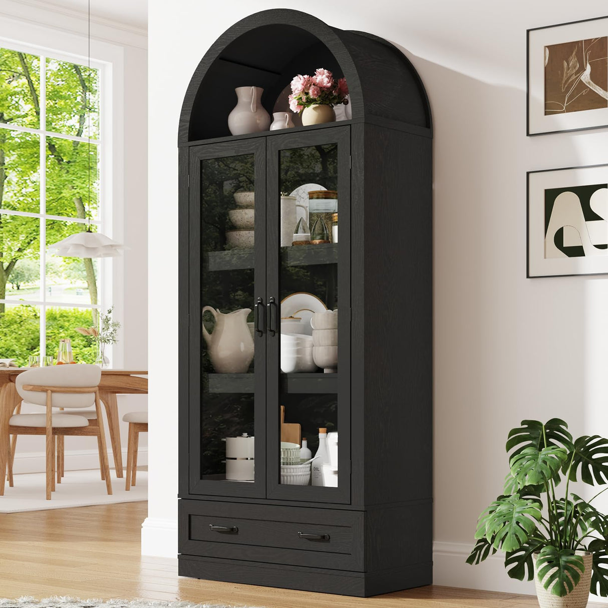 75" Tall Arched Kitchen Pantry Cabinet w Load-Bearing Steel Pipe,Modern Farmhouse Kitchens Storage Cabinet with Drawer and Glass Doors,Tall Arched Bookcase,Pantry Organizer(Woodgrain Black) chartustriable