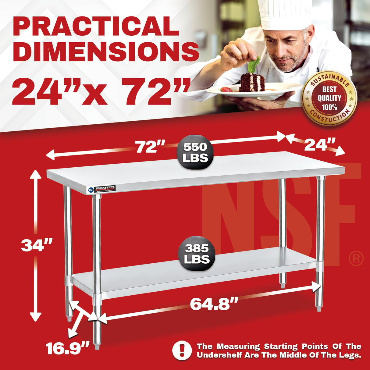 Food Prep Stainless Steel Table - DuraSteel 24 x 72 Inch Commercial Metal Workbench with Adjustable Under Shelf - NSF Certified - For Restaurant, Warehouse, Home, Kitchen, Garage DuraSteel