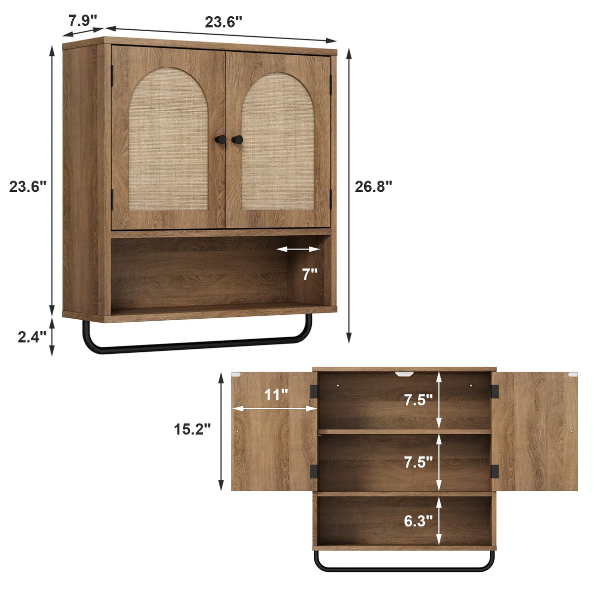 RUSTOWN Rattan Bathroom Wall Cabinet, Boho Medicine Cabinet with 2 Arched Doors, Farmhouse Over The Toilet Storage Cabinets with Adjustable Shelves & Towel Bar, 3-Tier Wall Mounted Cabinets RUSTOWN