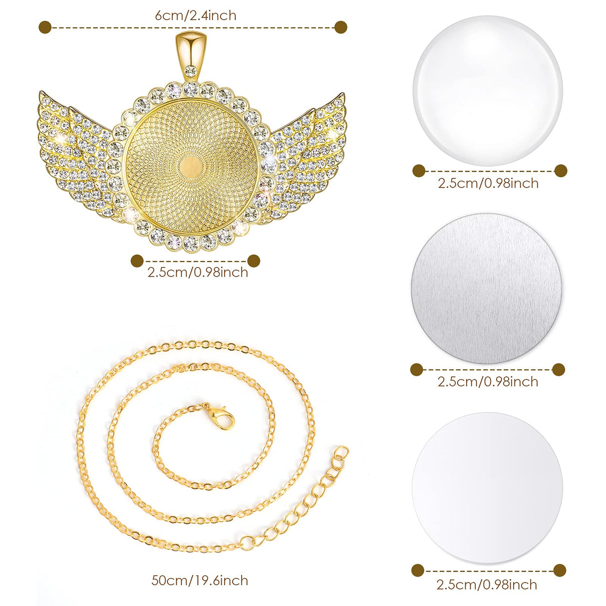 Hicarer 60 Pcs Sublimation Angel Wing Jewelry Blanks Set Rhinestone Bezel Pendant Trays Glod and Silver Sublimation Necklace Blank with Chain for Valentine's Days Making Crafts Wedding Jewelry Gifts Hicarer