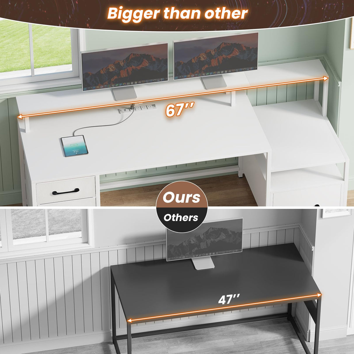 SEDETA White Computer Desk with 5 Drawer & Power Outlet, 66'' Home Office Desk with File Drawer, Storage Shelves, Printer Cabinet and Monitor Shelf, Gaming Desk with Led Lights SEDETA