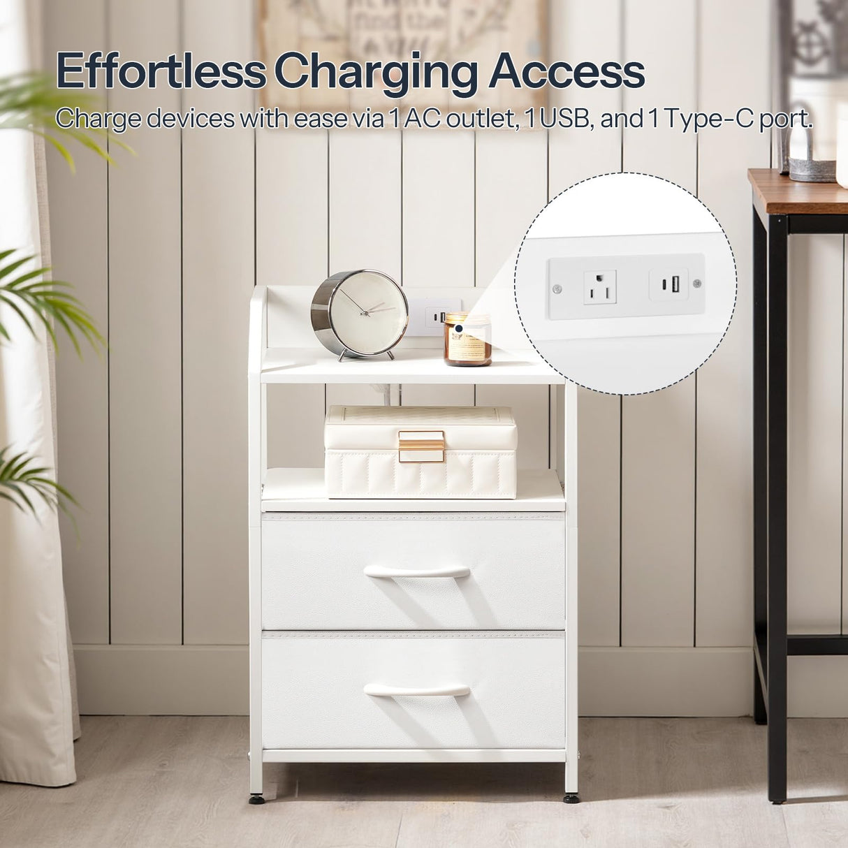 HOOBRO Nightstand with Charging Station, Bedside Table with Adjustable Fabric Drawer, Night Stand with LED Light Strip, End Table with Non-Woven Drawers, for Bedroom, White WT012UDBZ01 HOOBRO