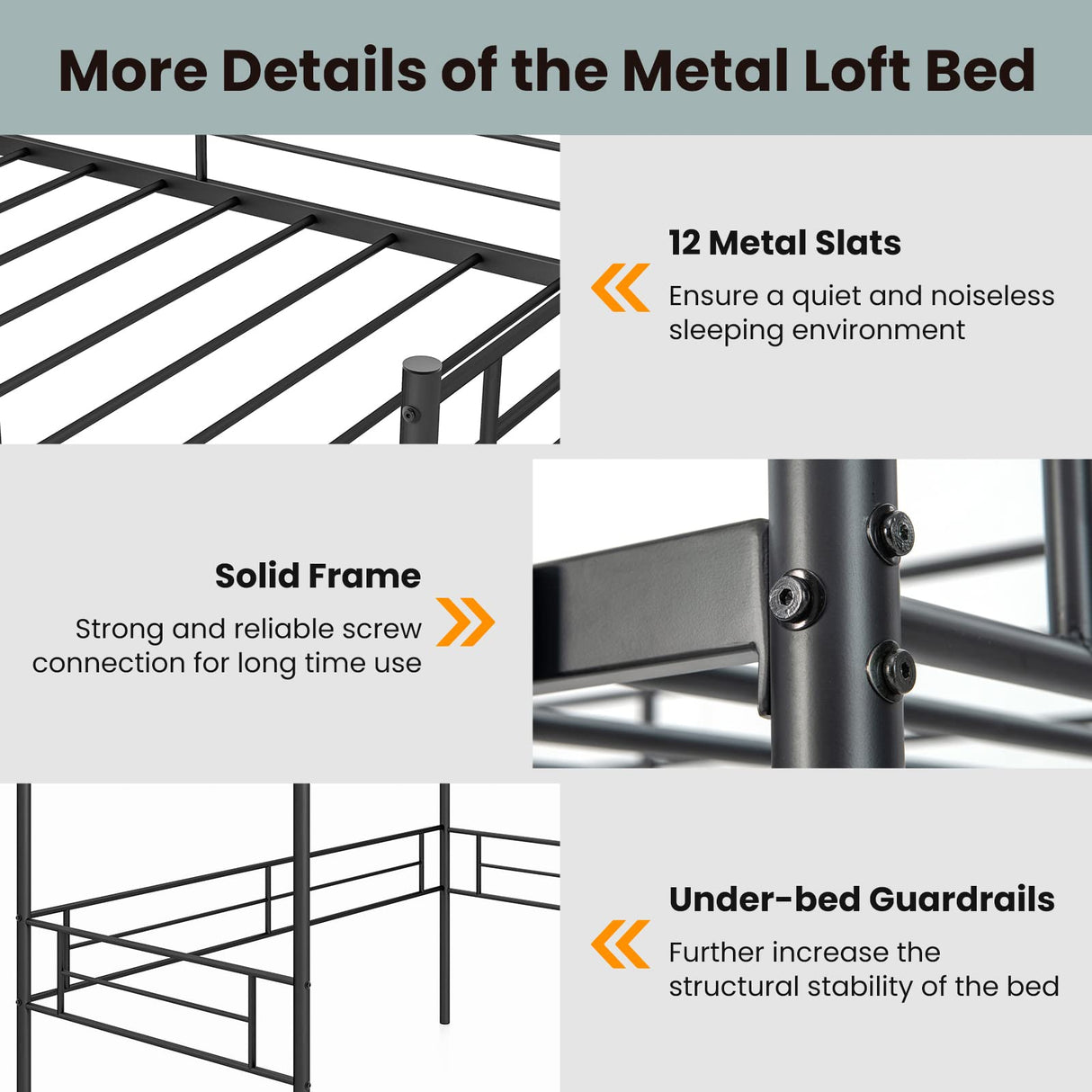Giantex Metal Loft Bed Twin Size for Juniors & Adults, Loft Bed Frame with Ladder & Safety Guardrail, 61" Under-Bed Space, Space-Saving Twin Bed for Teens, No Box Spring Needed (Black) Giantex