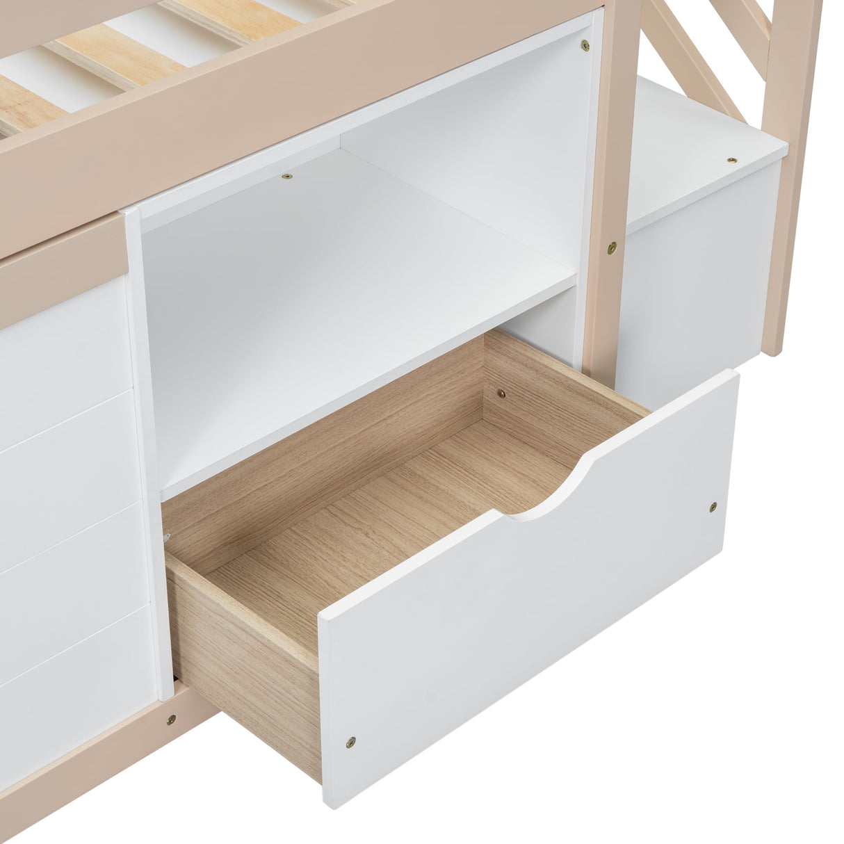 Bellemave Twin Size Low loft Bed for Kids,Wood Loft Beds,Modern Farmhouse Twin loft Bed,Loft Bed with Desk and Storage, No Box Spring Needed,for Kids, Cream White and Natural Bellemave