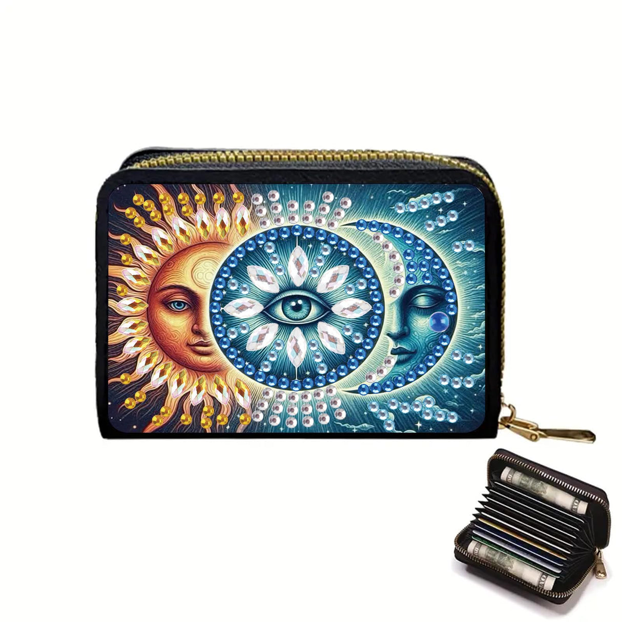 JISHSHAY Diamond Painting Credit Card Holder Sun Diamond Art Credit Card Wallet Moon Gem Art Wallet Eye Gem Painting Coin Purse Sun Moon Embroidery Billfold Mosaic Kits for Adults Billfold JISHSHAY
