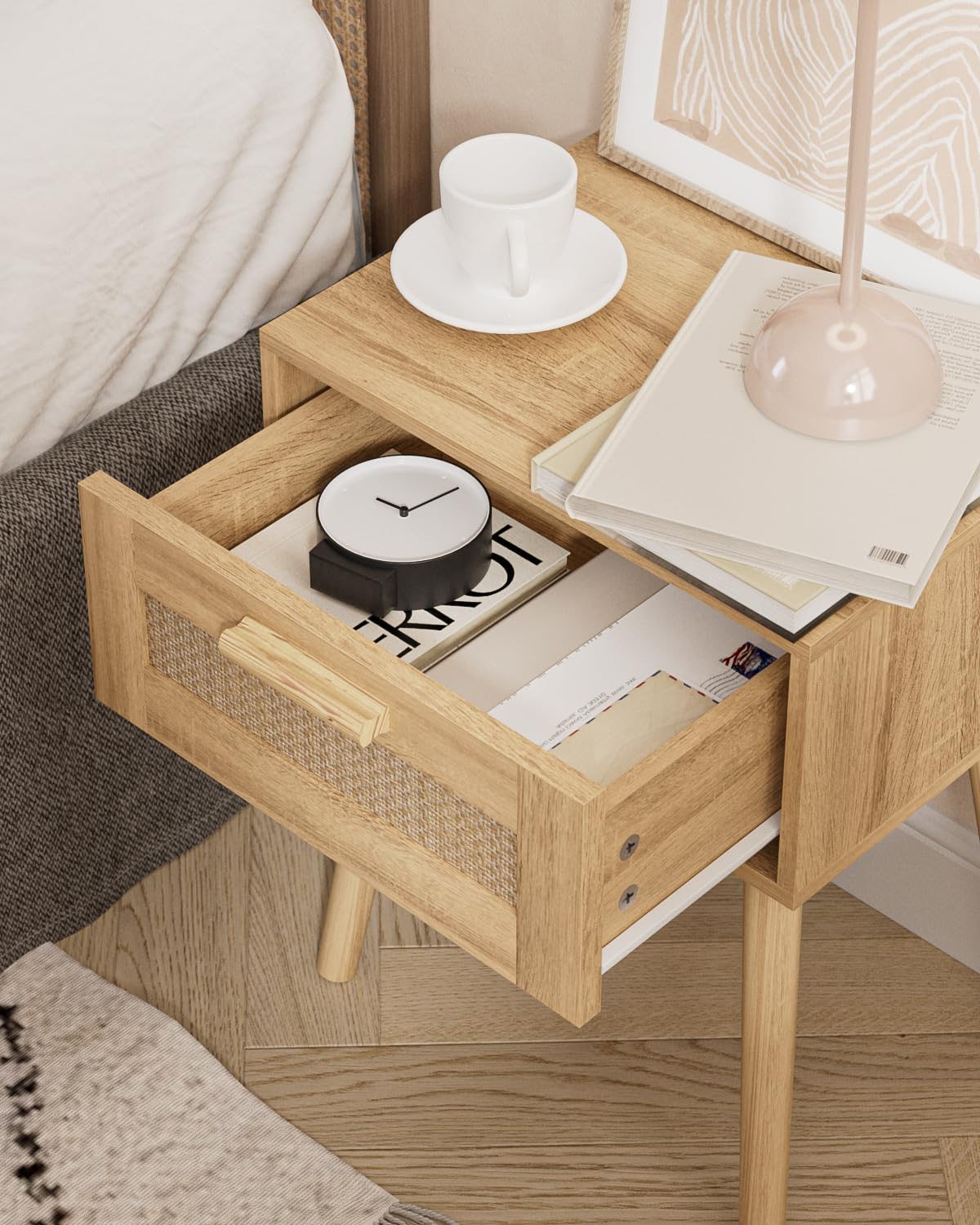 Aienvey Rattan Nightstand, Small Night Stand, Side Table with Drawer Open Shelf, Cane Accent Bedside End Table with Wood Legs, Bohemian Wood Nightstand for Bedroom, Oak (Bohemian) Aienvey
