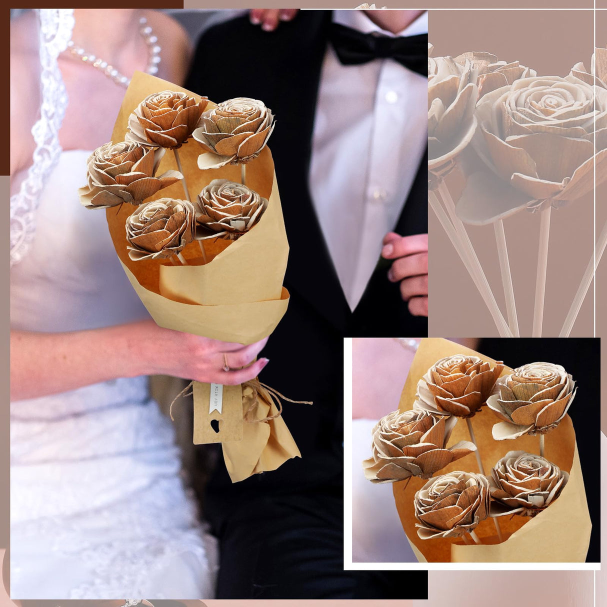 Hotop 5 Sets 5th Year Anniversary Wooden Rose Bouquet Artificial Wood Flower with Sticks Wedding Party Gift Label with Twine for Couple Gifts Women Home Centerpieces DIY Decoration Hotop