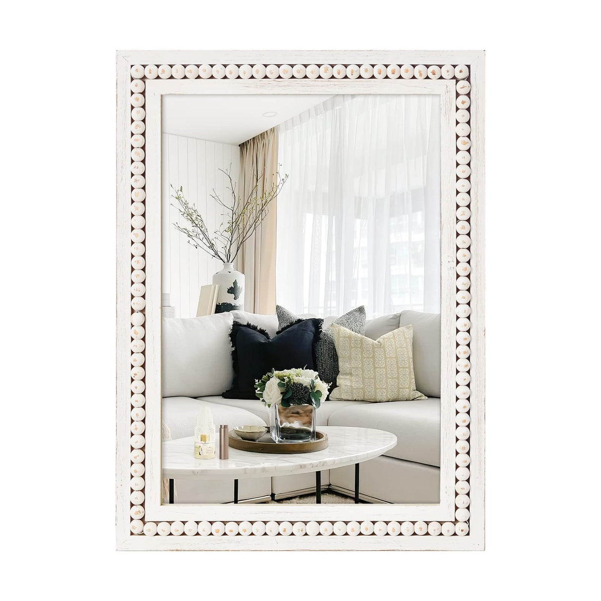 H HOMEWINS Rustic Rectangle Mirror, 22x30 Wooden Square Mirrors,Farmhouse Wall-Mounted White Beads Decor Mirror for Bedroom, Bathroom, Living Room,Vanity H HOMEWINS