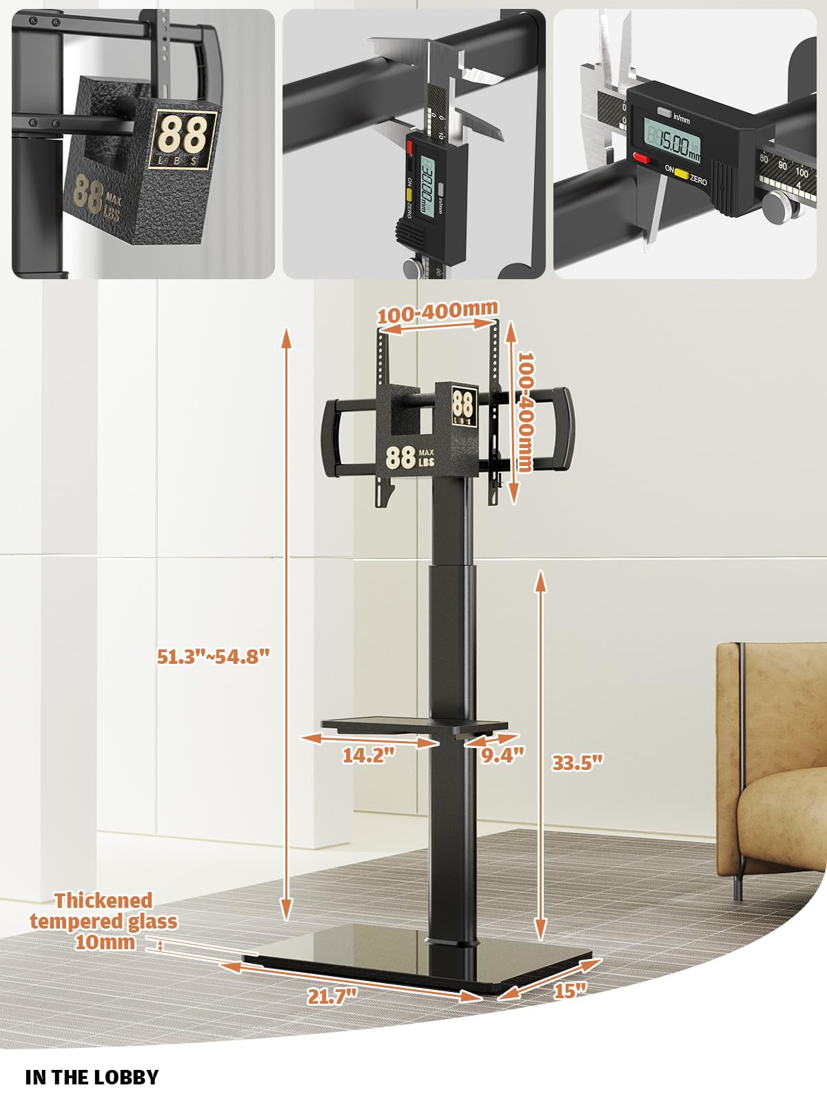 Universal Floor TV Stand with Mount 80 Degree Swivel Height Adjustable and Space Saving Design for Most 27 to 65 inch LCD, LED OLED TVs, 2 Shelves Perfect for Corner & Bedroom HT2002B Hemudu