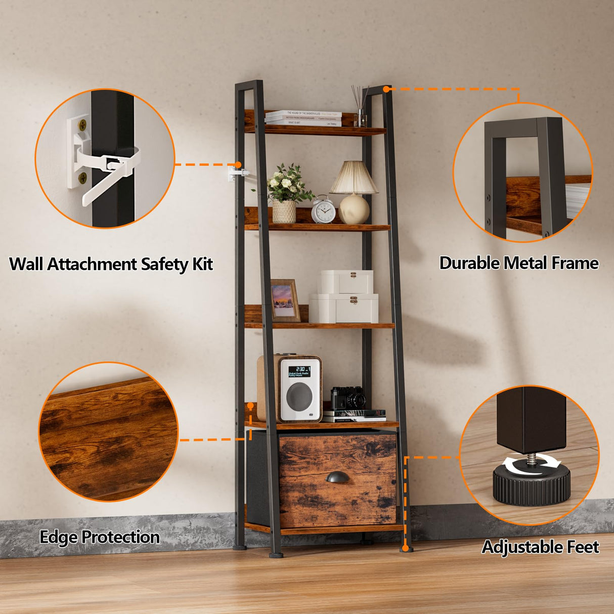 Furologee 5-Tier Ladder Shelf, Ladder Bookshelf with Removable Drawer, Rustic Bookcase Storage Rack Organizer, Wood Metal Freestanding Storage Shelf for Living Room, Home Office, Bedroom, Balcony Furologee