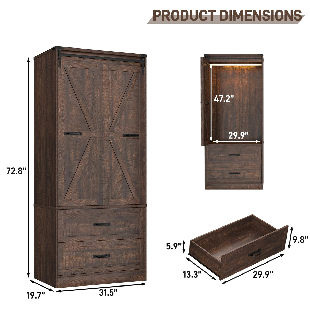 73" Tall Farmhouse 2 Doors Armoire Wardrobe Closet w/ Sliding Folding Door,2 Drawers,Closet Wardrobe Cabinet w/ LED Light,Hanging Rod for Bedroom,Wooden Wardrobe Armoire Cabinet,Antique White chartustriable