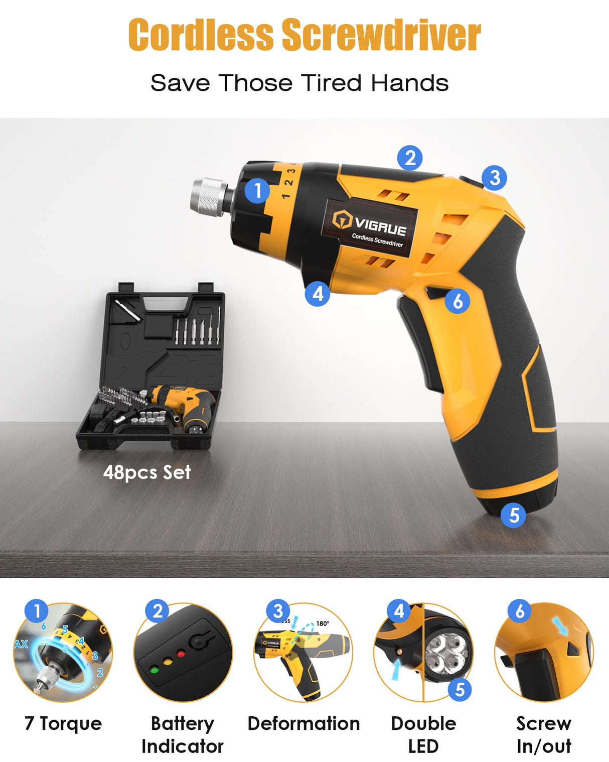 VIGRUE Cordless Screwdriver, Rechargeable Electric Screwdriver with 45 Free Accessories, Battery Indicator, 7 Torque Setting, 2 Position Handle with LED Light, Flexible Shaft VIGRUE
