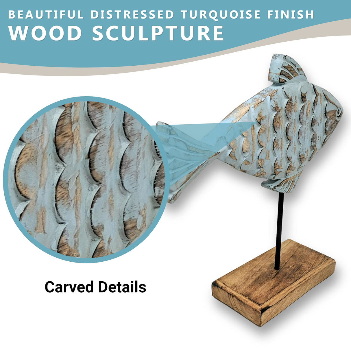 Wooden Fish Sculpture Home Decor | Surgeon Fish Statue on Base Stand | Coastal Beach House Decor Art Piece | Rustic Centerpiece Table Decor for Office, Living Room (Surgeon Fish) Farmhouse World
