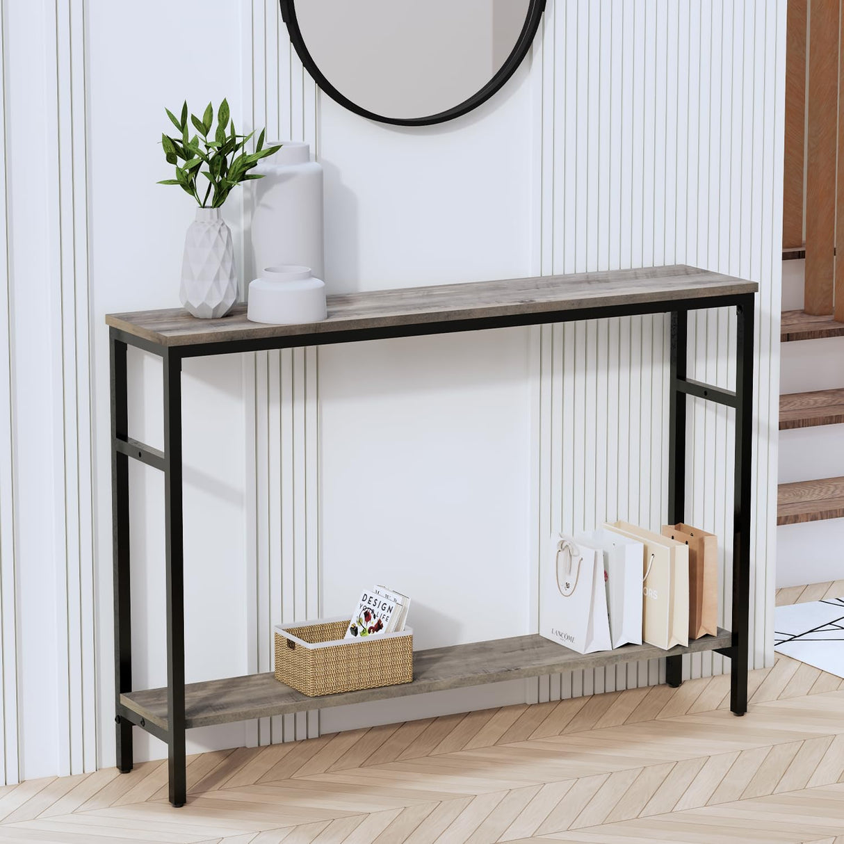Timberer Narrow Console Table, 47 Inch Sofa Table with Adjustable Shelf, 2-Tier Long Skinny Table for Hallway, Entryway, Living Room, Foyer, Grey Timberer