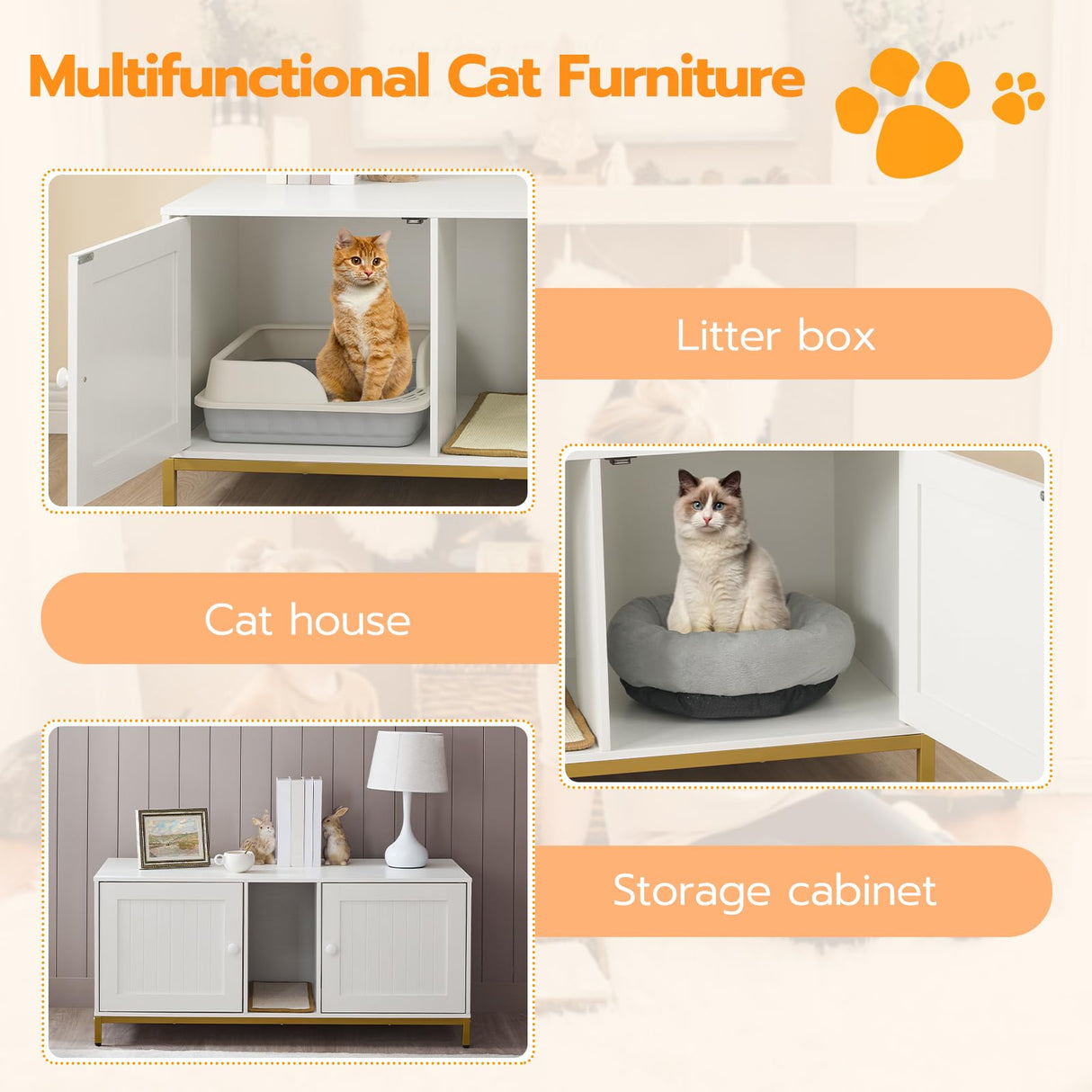 HOOBRO 44" Cat Litter Box Enclosure for 2 Cats, Double Cat Litter Box Furniture Hidden, TV Stand Litter Box Enclosure with Cat Scratching Mat, Cat House, Cat Washroom Cabinet, White, Gold DW20MW01 HOOBRO