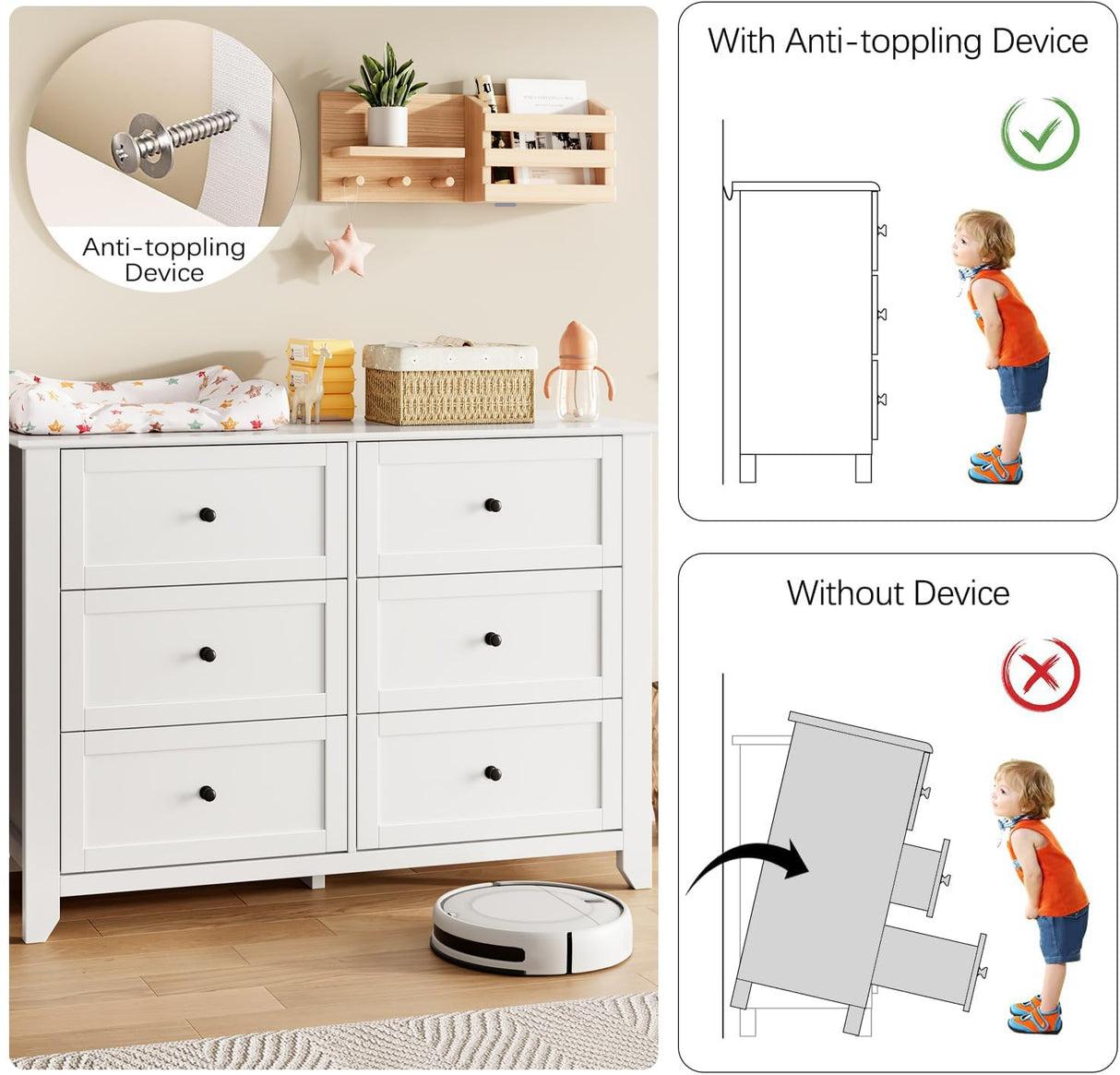 IDEALHOUSE White Dresser for Bedroom, Large 6 Drawer Dresser with Deep Drawers & Metal Knobs, Modern Wooden Double Chests of Drawers for Entryway, Hallway IDEALHOUSE