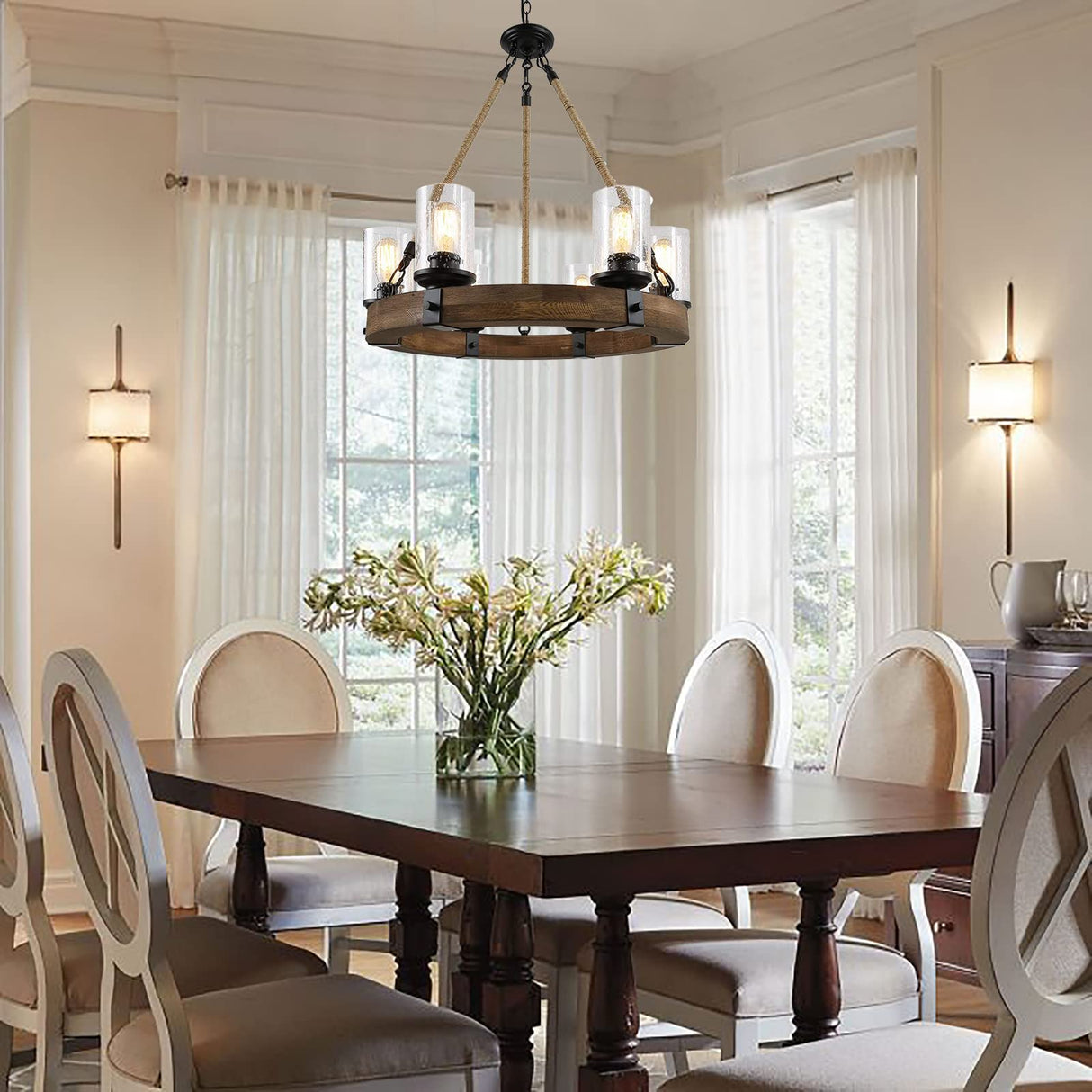 Rustic 6 Light Wagon Wheel Chandelier, Round Wood Pendant Light with Seeded Glass Shade, Farmhouse Chandeliers for Dining Room Kitchen Island Foyer Entryway BAOURE