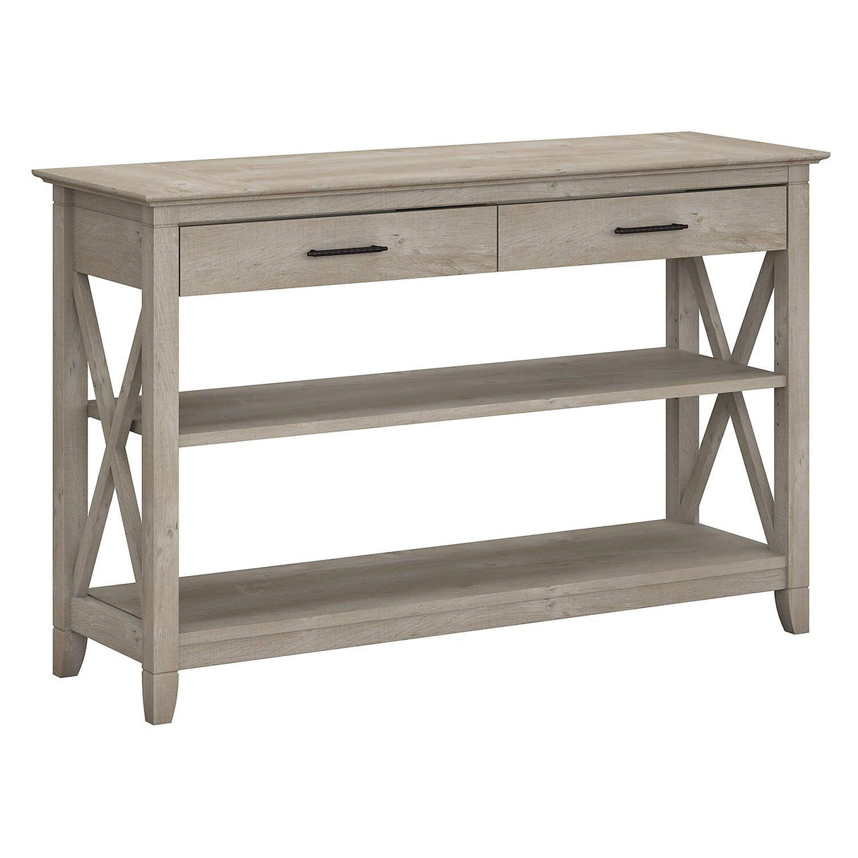 Bush Furniture Key West Console Table with Drawers and Shelves in Washed Gray Bush Business Furniture