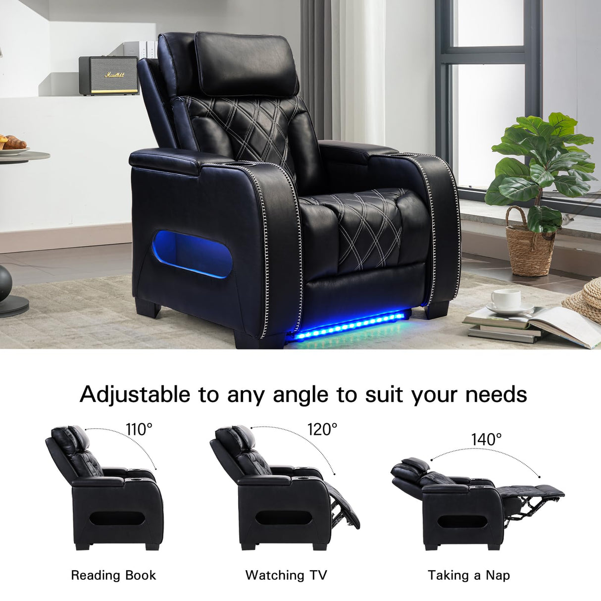 CANMOV Electric Power Recliner Chair with Adjustable Headrest, Breathable PU Leather Home Theater Seating with Ambient Lighting,Cup Holders,Armrest Storage,USB & Type C Ports,Black CANMOV